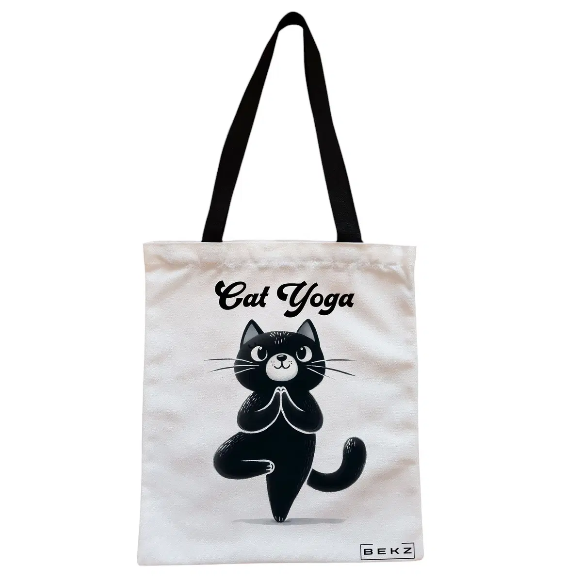 Geanta Canvas Tote pentru femei Yoga Cat, 38x34.5 cm, Alba, BEKZ®