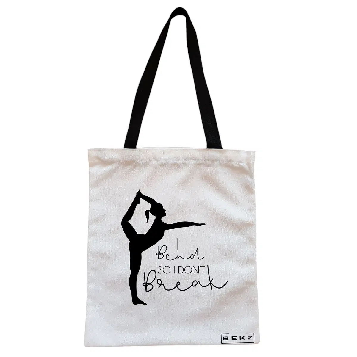 Geanta Canvas Tote pentru femei Yoga I bend so I don't break, 38x34.5 cm, Alba, BEKZ®