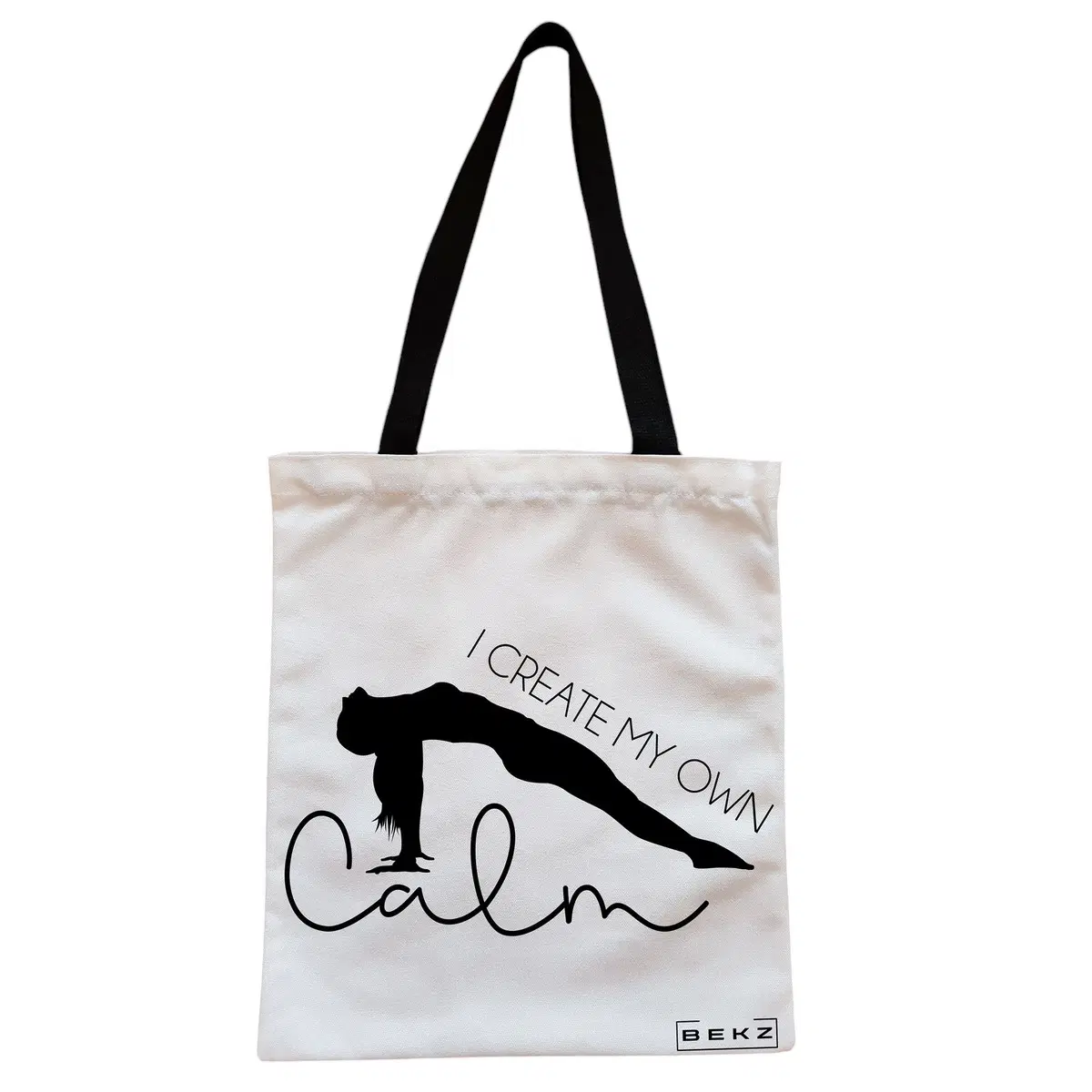 Geanta Canvas Tote pentru femei Yoga I create my own calm, 38x34.5 cm, Alba, BEKZ®