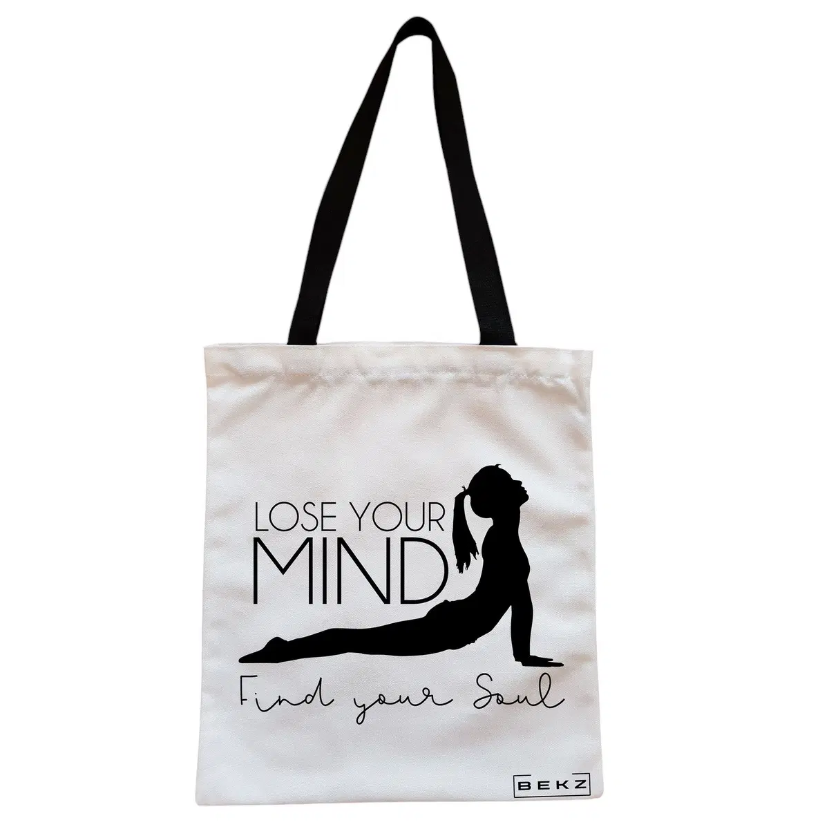 Geanta Canvas Tote pentru femei Yoga Lose your mind Find your soul, 38x34.5 cm, Alba, BEKZ®