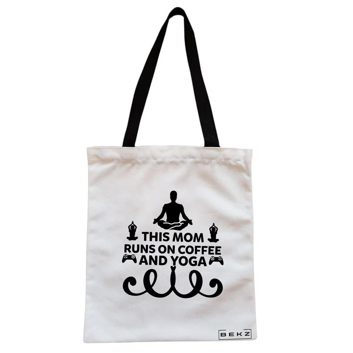 Geanta Canvas Tote pentru femei Yoga This MOM runs on coffe and yoga, 38x34.5 cm, Alba, BEKZ®