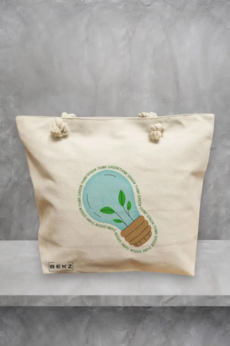 Geanta de Plaja Canvas Tote Bag pentru femei, model Think Green, 40x51 cm, Bej, BEKZ®
