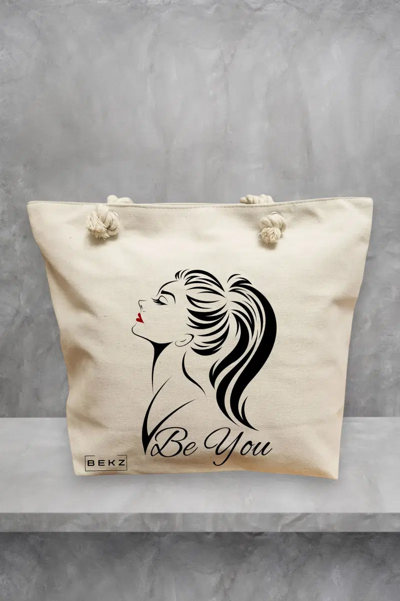 Geanta de Plaja Canvas Tote Bag pentru femei, model Be You, 40x51 cm, Bej, BEKZ®