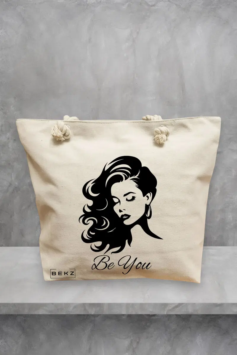 Geanta de Plaja Canvas Tote Bag pentru femei, model Be You 2, 40x51 cm, Bej, BEKZ®