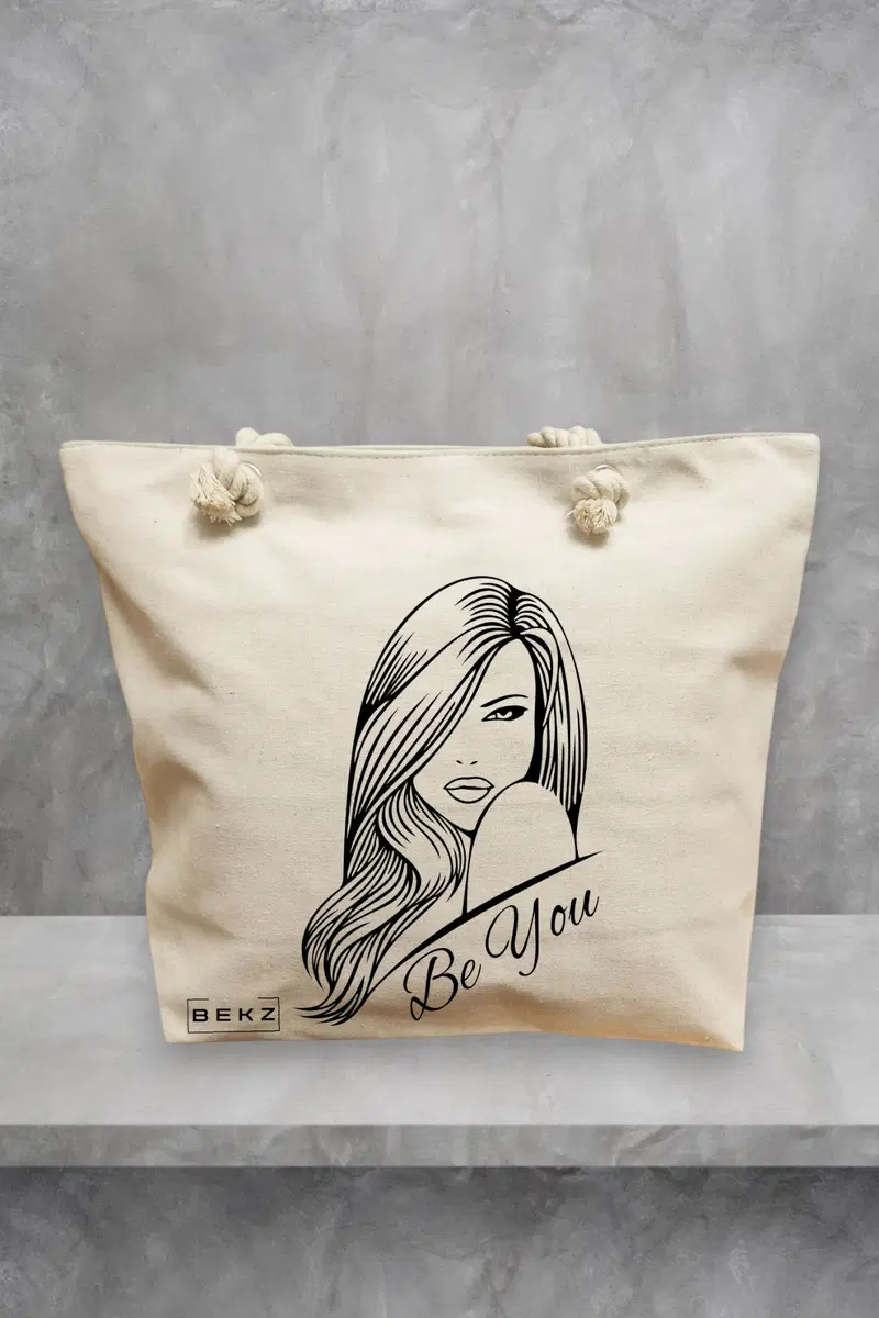 Geanta de Plaja Canvas Tote Bag pentru femei, model Be You 3, 40x51 cm, Bej, BEKZ®