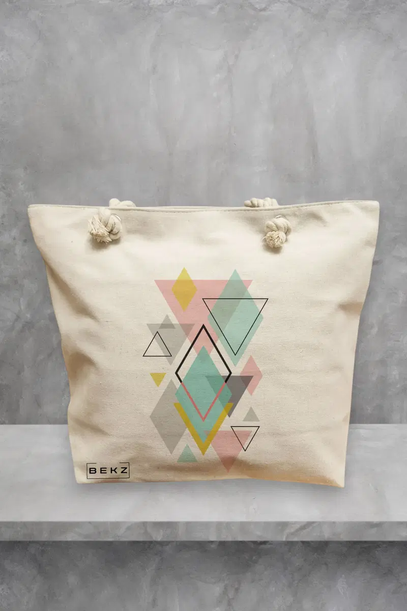 Geanta de Plaja Canvas Tote Bag pentru femei, model Geometrica Pastel, 40x51 cm, Bej, BEKZ®