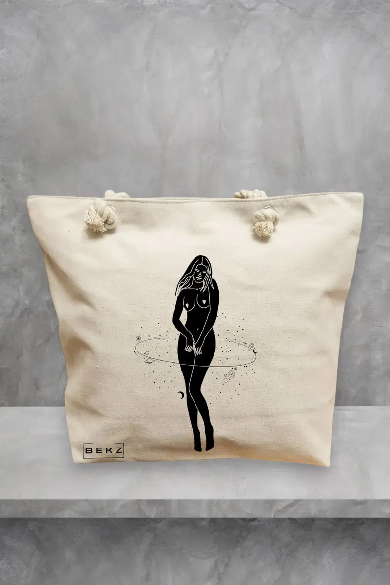 Geanta de Plaja Canvas Tote Bag pentru femei, model Silueta Feminina, 40x51 cm, Bej, BEKZ®
