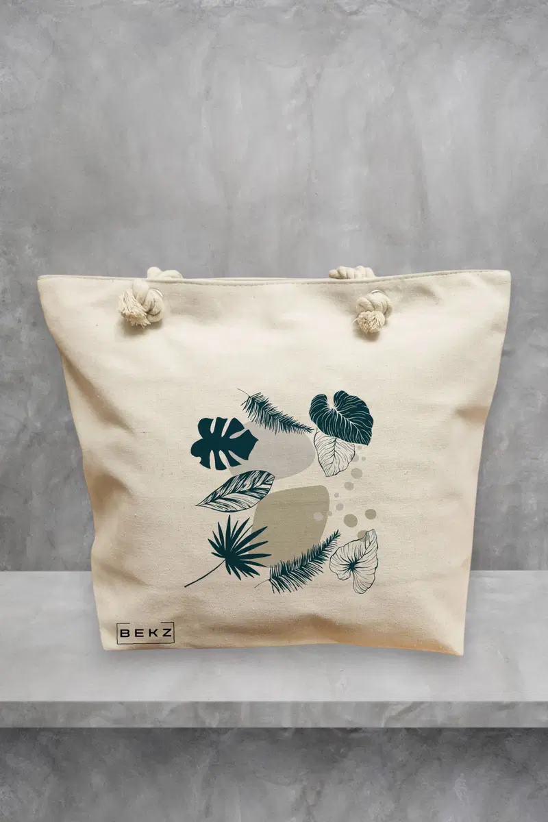 Geanta de Plaja Canvas Tote Bag pentru femei, model Design Botanic, 40x51 cm, Bej, BEKZ®