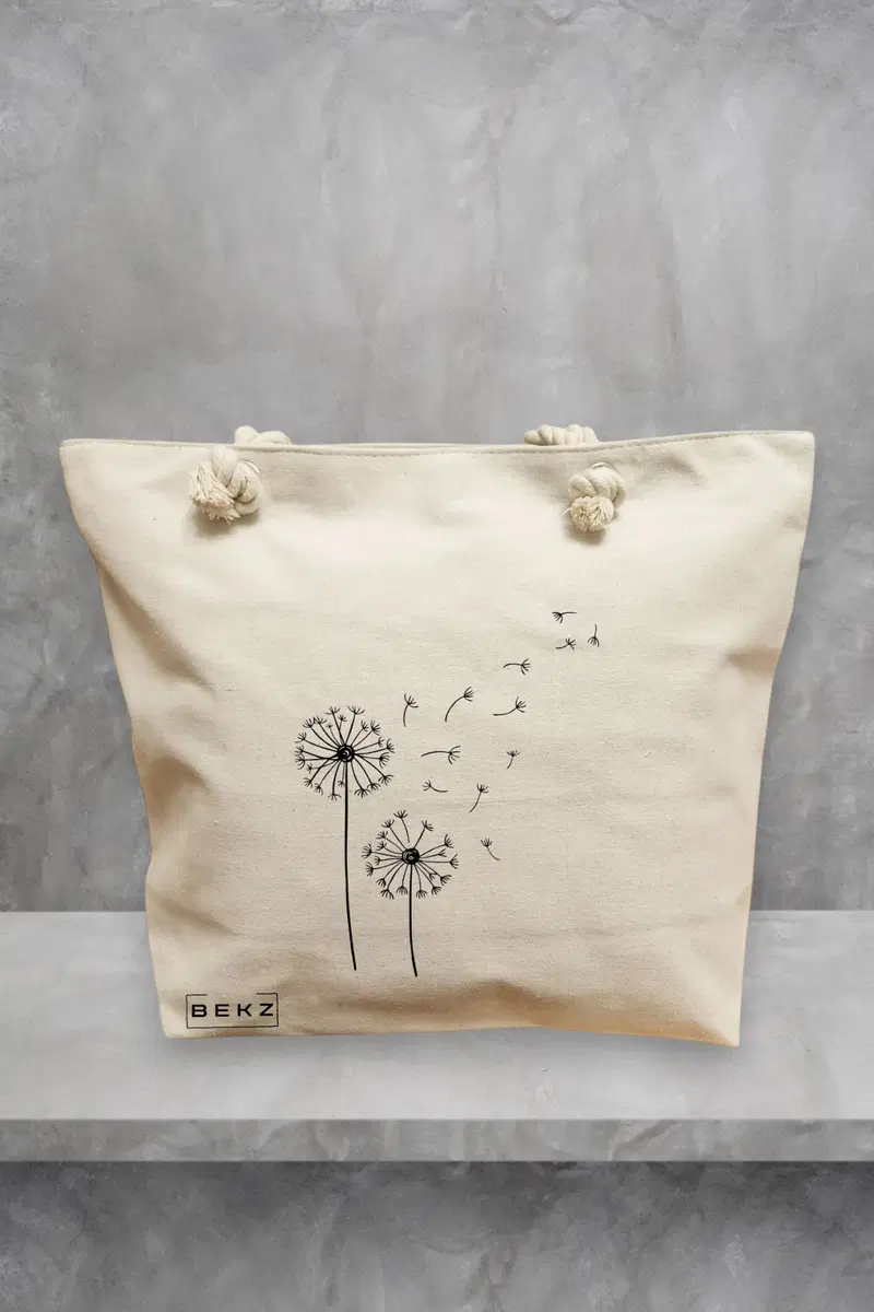 Geanta de Plaja Canvas Tote Bag pentru femei, model Papadie Minimalisa, 40x51 cm, Bej, BEKZ®