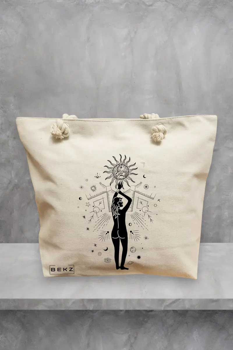 Geanta de Plaja Canvas Tote Bag pentru femei, model Conexiune Solara, 40x51 cm, Bej, BEKZ®