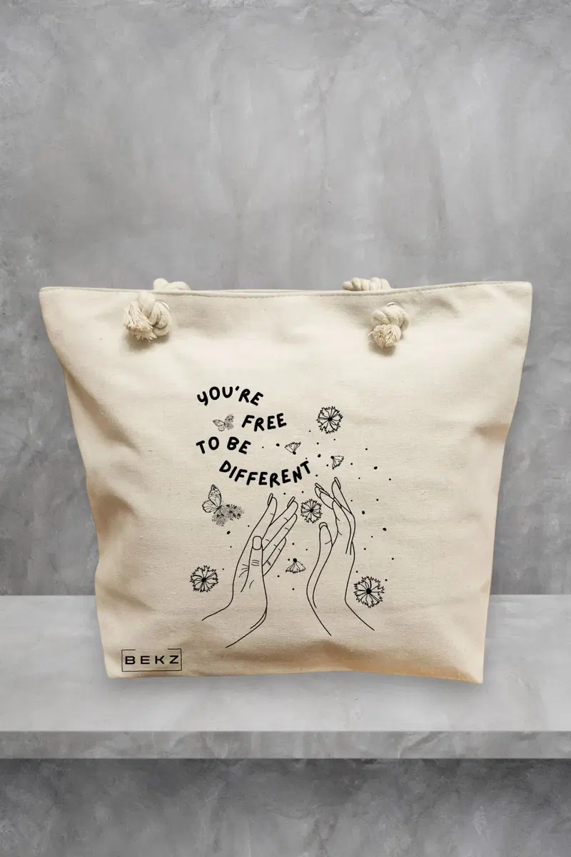 Geanta de Plaja Canvas Tote Bag pentru femei, model You’re free to be different, 40x51 cm, Bej, BEKZ®