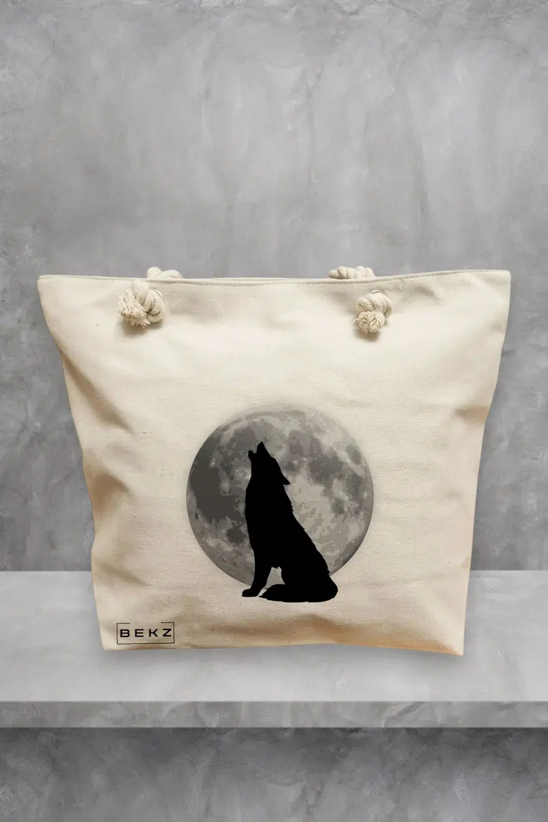 Geanta de Plaja Canvas Tote Bag pentru femei, model Lup si Luna, 40x51 cm, Bej, BEKZ®