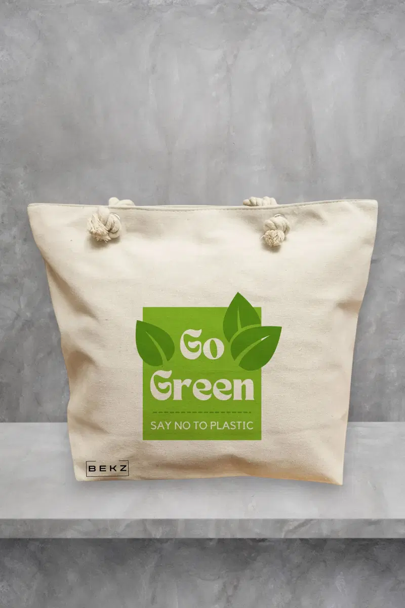 Geanta de Plaja Canvas Tote Bag pentru femei, model Go Green - Say no to plastic, 40x51 cm, Bej, BEKZ®