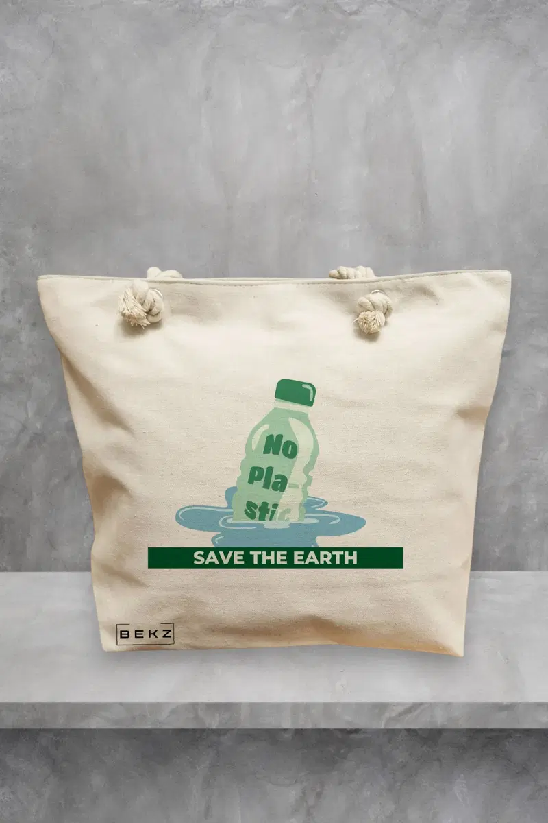 Geanta de Plaja Canvas Tote Bag pentru femei, model No plastic - Save the earth, 40x51 cm, Bej, BEKZ®
