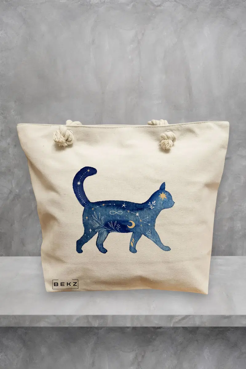 Geanta de Plaja Canvas Tote Bag pentru femei, model Pisica Astrala, 40x51 cm, Bej, BEKZ®