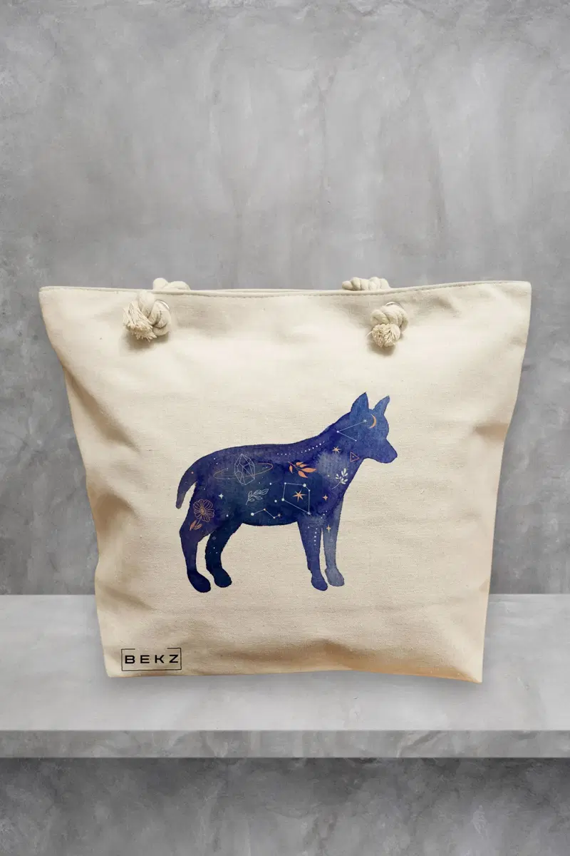 Geanta de Plaja Canvas Tote Bag pentru femei, model Caine Astral, 40x51 cm, Bej, BEKZ®