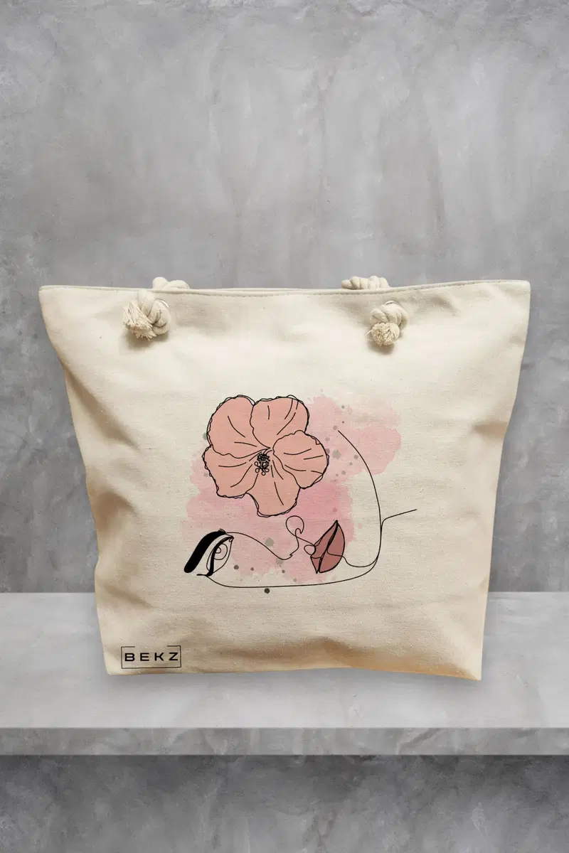 Geanta de Plaja Canvas Tote Bag pentru femei, model Floral Line, 40x51 cm, Bej, BEKZ®