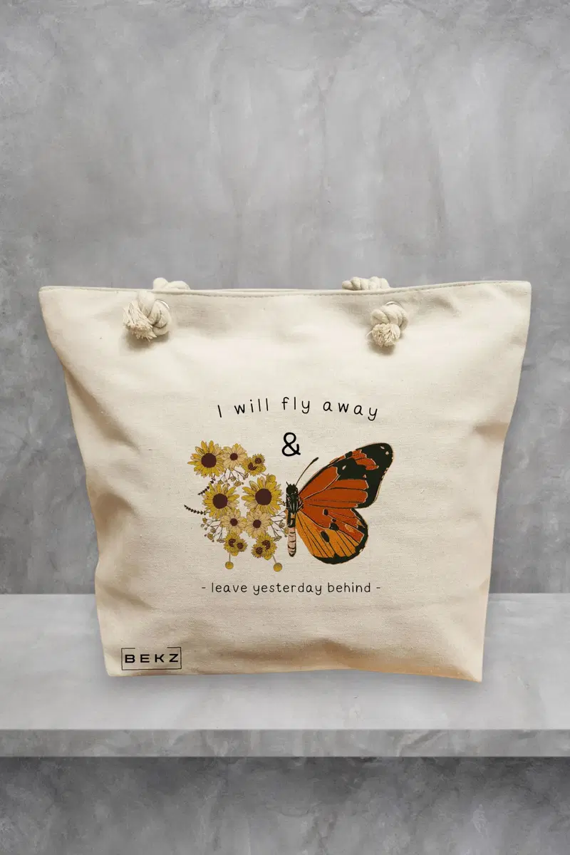 Geanta de Plaja Canvas Tote Bag pentru femei, model Flight to Freedom, 40x51 cm, Bej, BEKZ®
