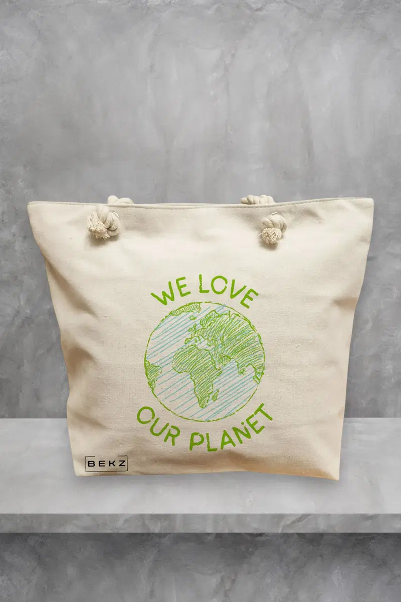 Geanta de Plaja Canvas Tote Bag pentru femei, model We Love Our Planet, 40x51 cm, Bej, BEKZ®