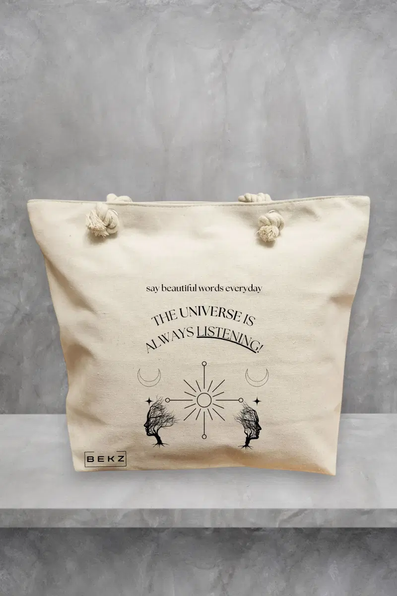 Geanta de Plaja Canvas Tote Bag pentru femei, model The Universe Listens 2, 40x51 cm, Bej, BEKZ®