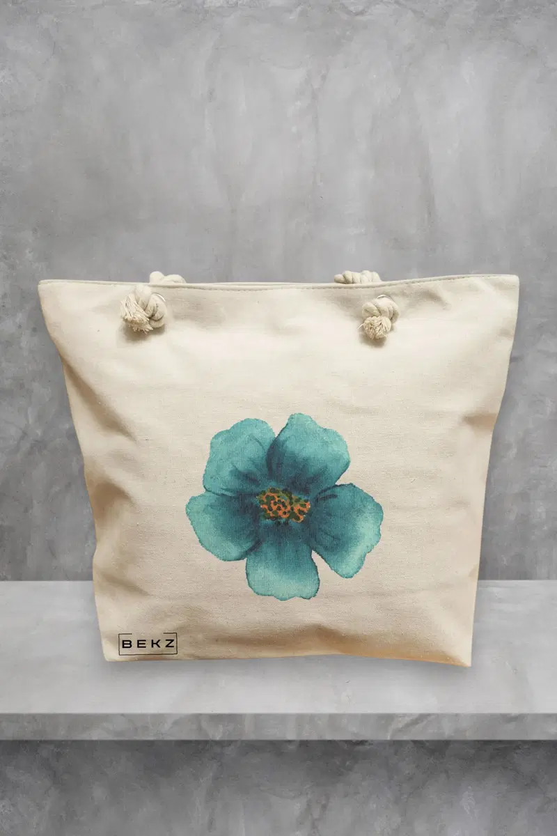 Geanta de Plaja Canvas Tote Bag pentru femei, model Floral Bejstru, 40x51 cm, Bej, BEKZ®