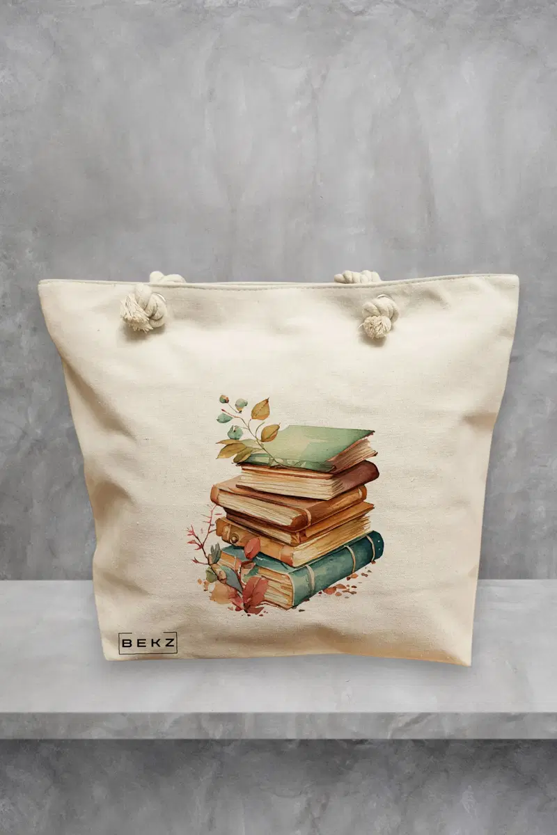 Geanta de Plaja Canvas Tote Bag pentru femei, model Pile of Books, 40x51 cm, Bej, BEKZ®