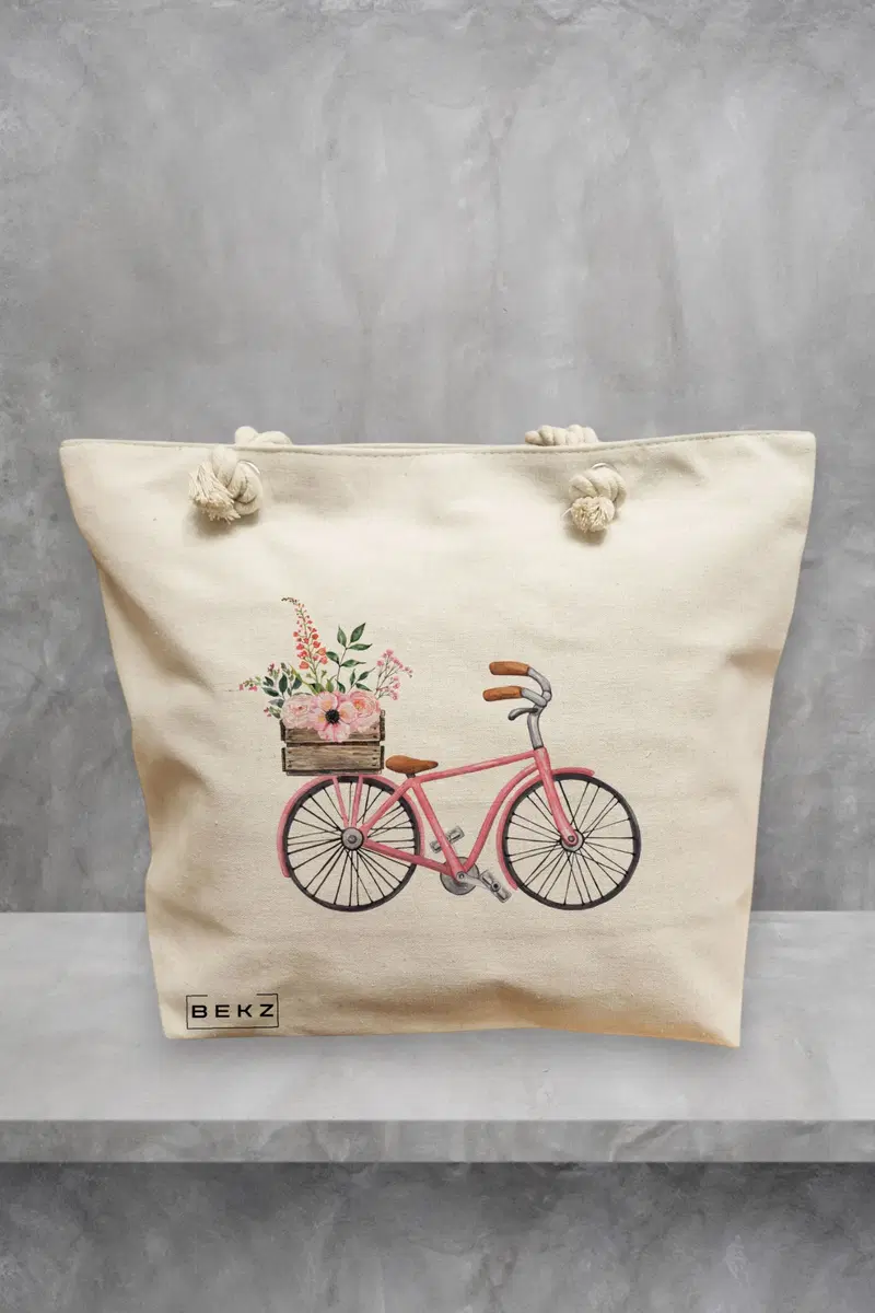 Geanta de Plaja Canvas Tote Bag pentru femei, model Spring on Two Wheels, 40x51 cm, Bej, BEKZ®