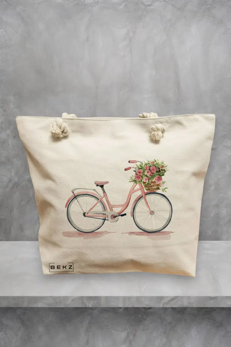Geanta de Plaja Canvas Tote Bag pentru femei, model Pink Bicycle, 40x51 cm, Bej, BEKZ®