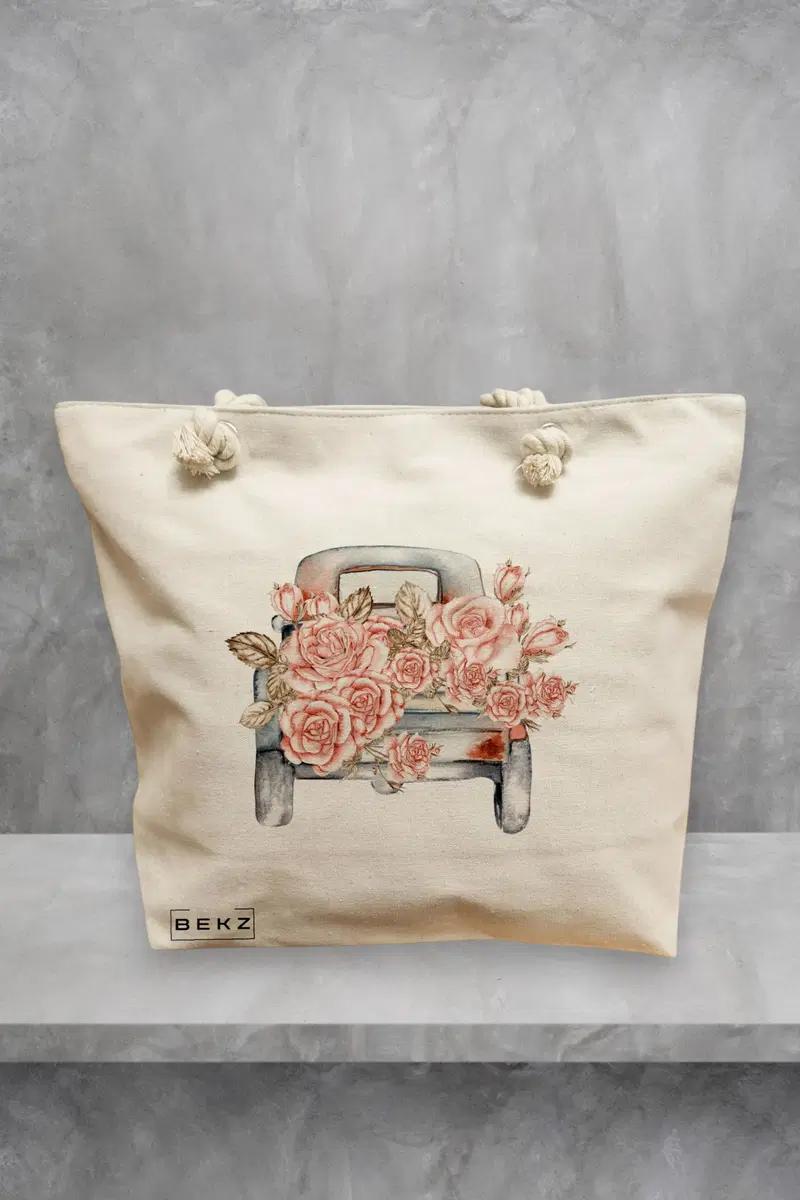 Geanta de Plaja Canvas Tote Bag pentru femei, model Pink Car, 40x51 cm, Bej, BEKZ®