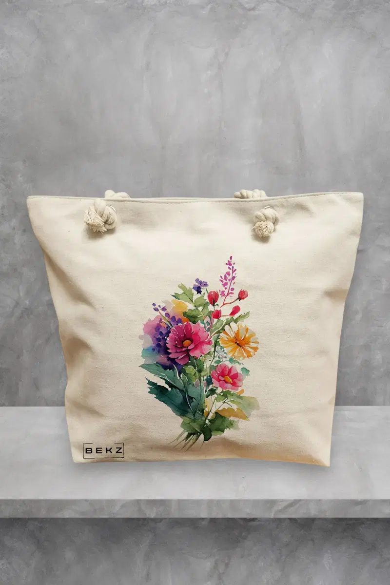 Geanta de Plaja Canvas Tote Bag pentru femei, model The Bouquet, 40x51 cm, Bej, BEKZ®