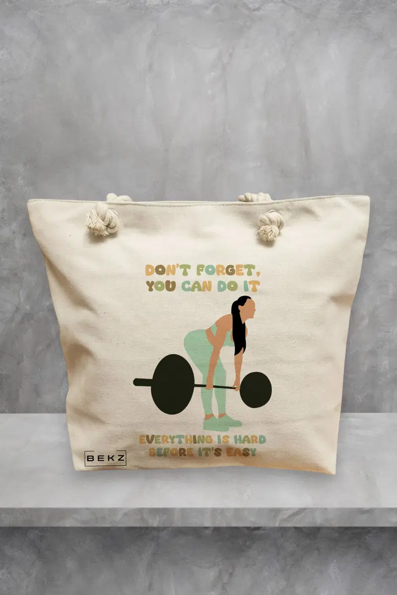 Geanta de Plaja Canvas Tote Bag pentru femei, model Strength and Perseverance, 40x51 cm, Bej, BEKZ®