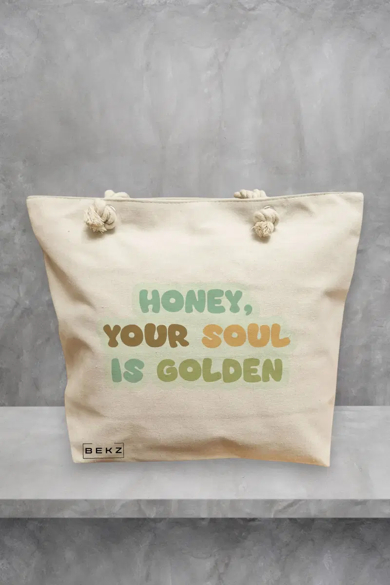 Geanta de Plaja Canvas Tote Bag pentru femei, model Golden Soul, 40x51 cm, Bej, BEKZ®