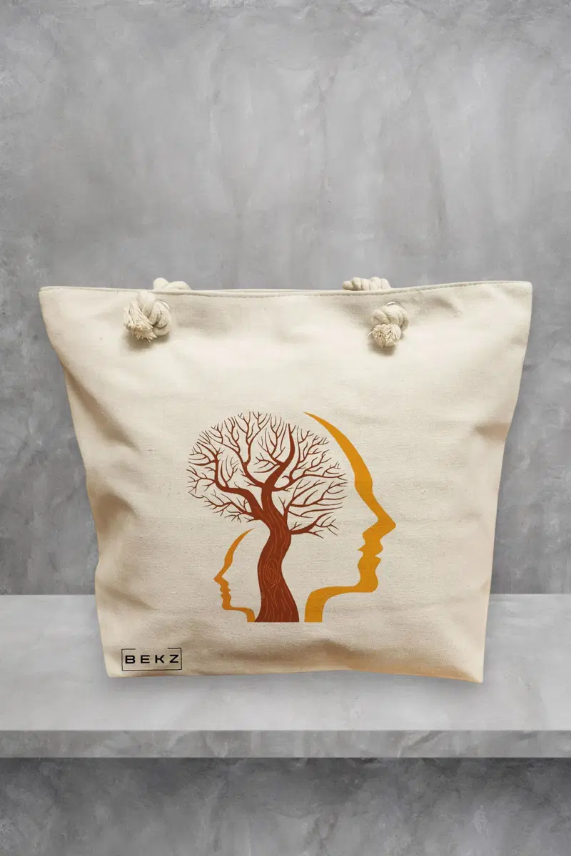 Geanta de Plaja Canvas Tote Bag pentru femei, model Tree and Faces, 40x51 cm, Bej, BEKZ®