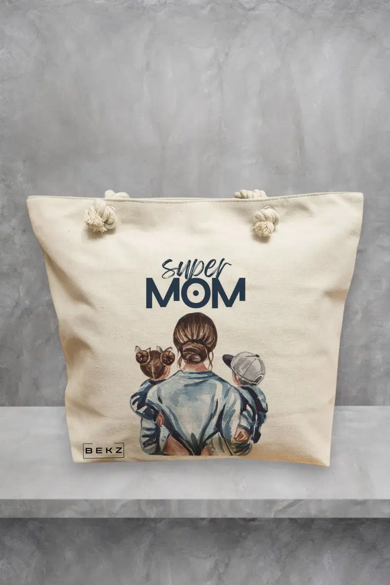 Geanta de Plaja Canvas Tote Bag pentru femei, model Super Mom, 40x51 cm, Bej, BEKZ®