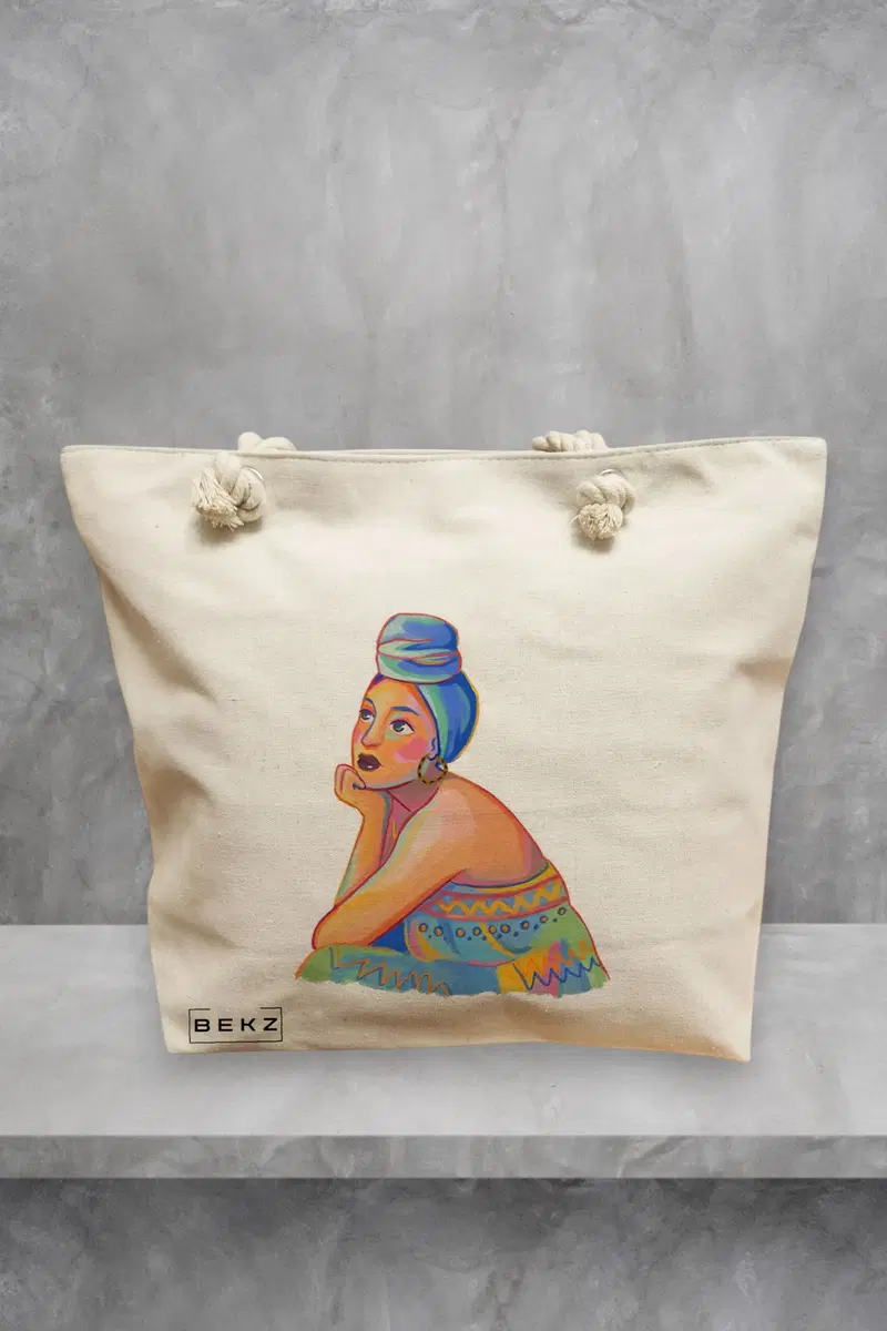 Geanta de Plaja Canvas Tote Bag pentru femei, model Portret Vibrant 2, 40x51 cm, Bej, BEKZ®