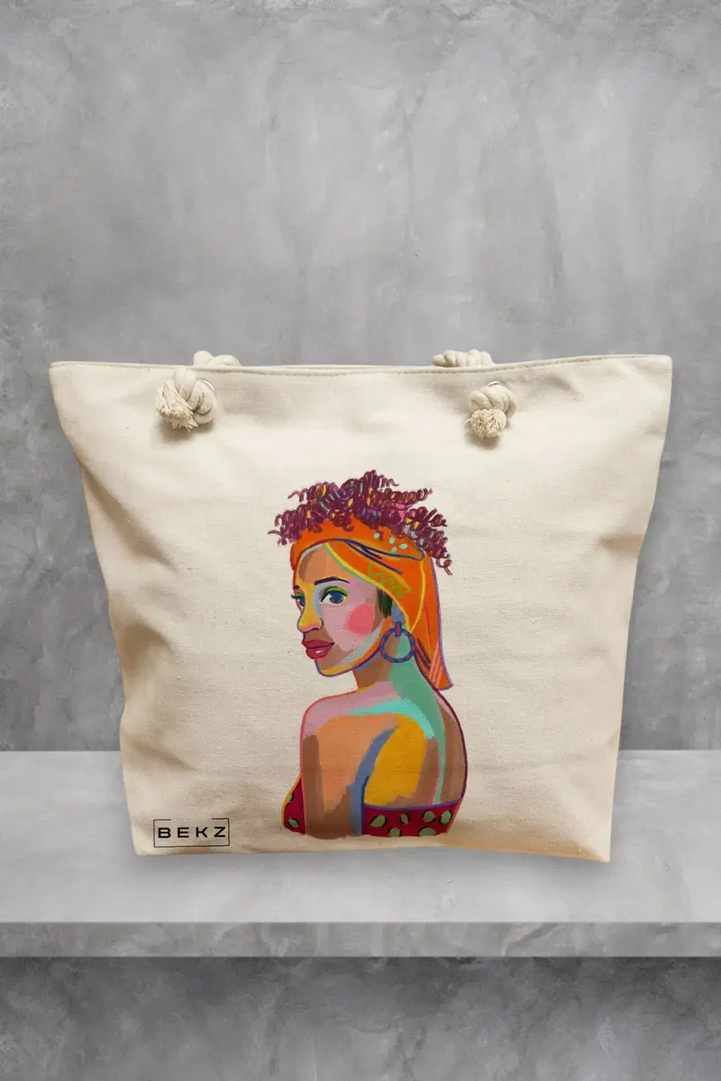 Geanta de Plaja Canvas Tote Bag pentru femei, model Portret Vibrant 3, 40x51 cm, Bej, BEKZ®