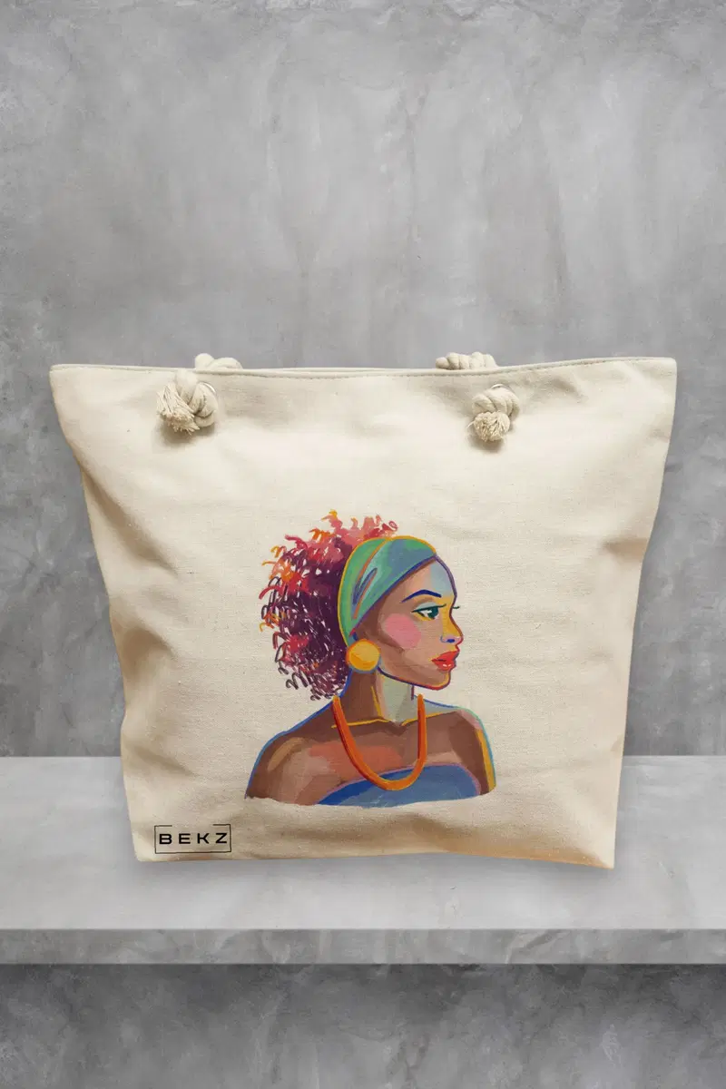 Geanta de Plaja Canvas Tote Bag pentru femei, model Portret Vibrant 4, 40x51 cm, Bej, BEKZ®
