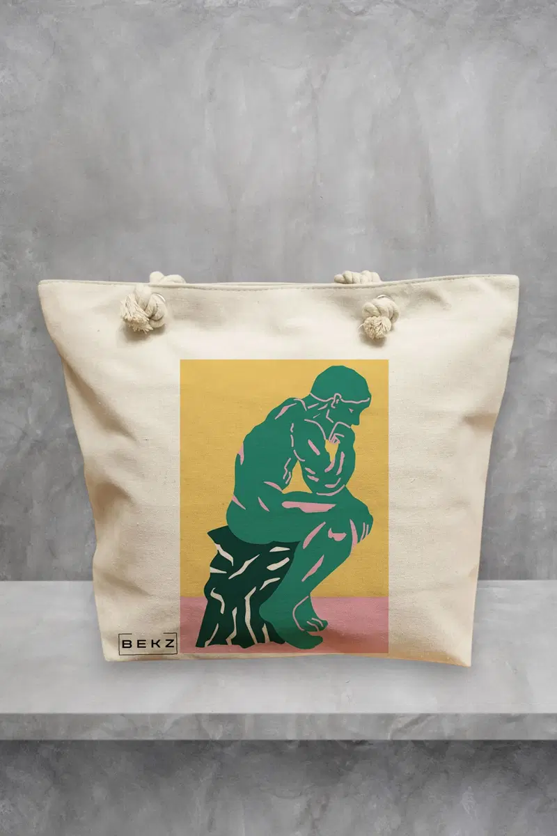 Geanta de Plaja Canvas Tote Bag pentru femei, model The Thinker, 40x51 cm, Bej, BEKZ®