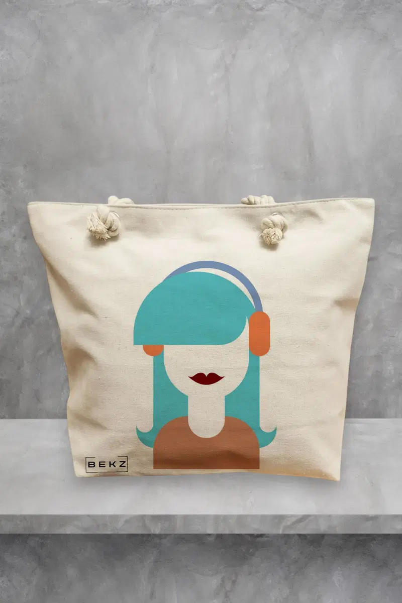 Geanta de Plaja Canvas Tote Bag pentru femei, model The Music Girl, 40x51 cm, Bej, BEKZ®