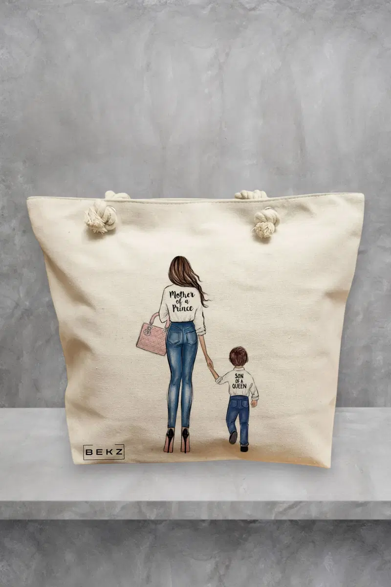 Geanta de Plaja Canvas Tote Bag pentru femei, model Mother of a prince, 40x51 cm, Bej, BEKZ®
