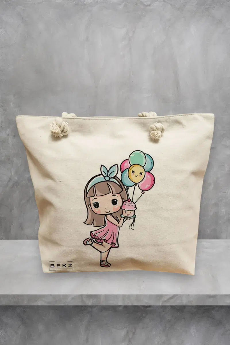 Geanta de Plaja Canvas Tote Bag pentru femei, model Cupcake girl, 40x51 cm, Bej, BEKZ®