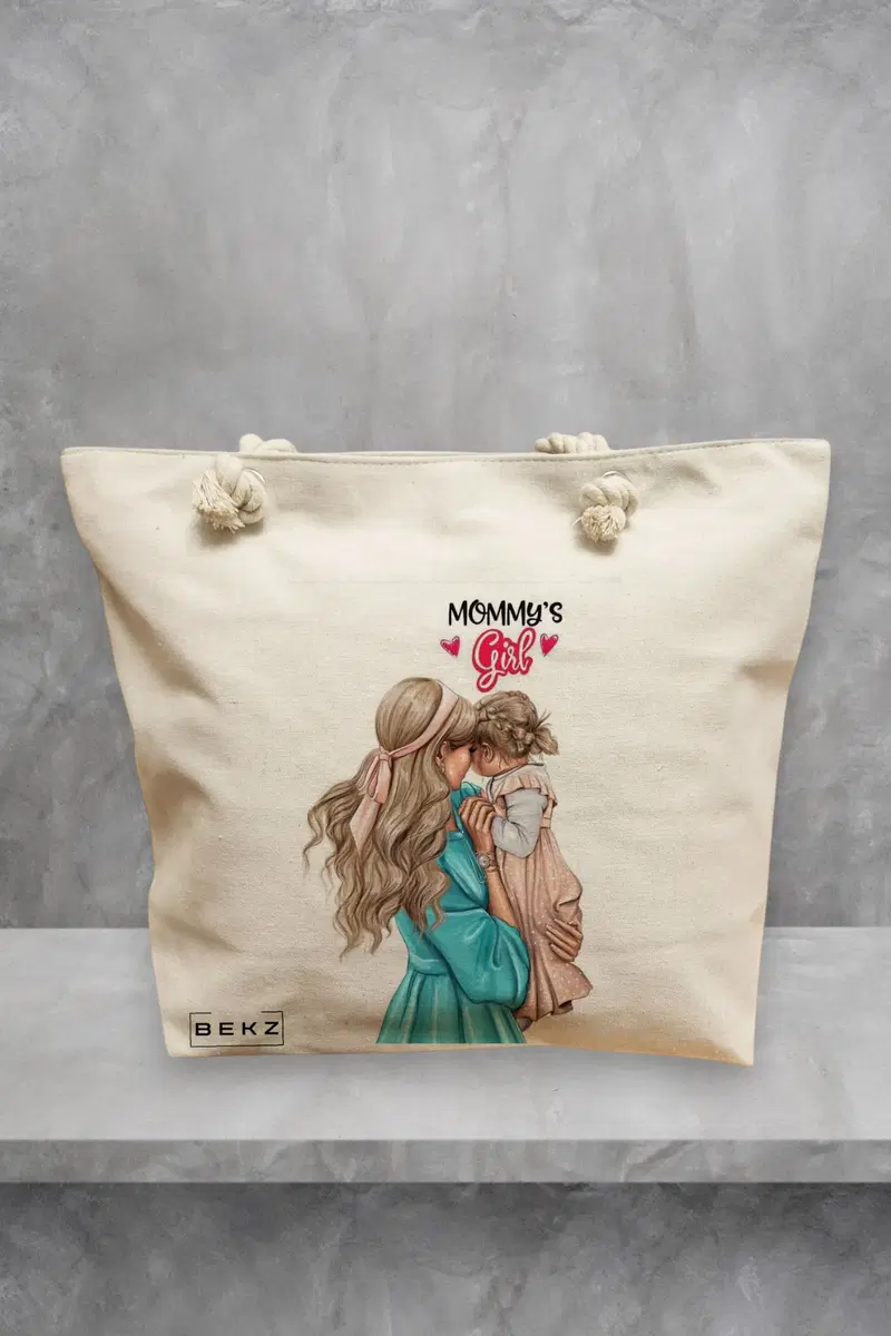 Geanta de Plaja Canvas Tote Bag pentru femei, model Mommy’s Girl, 40x51 cm, Bej, BEKZ®
