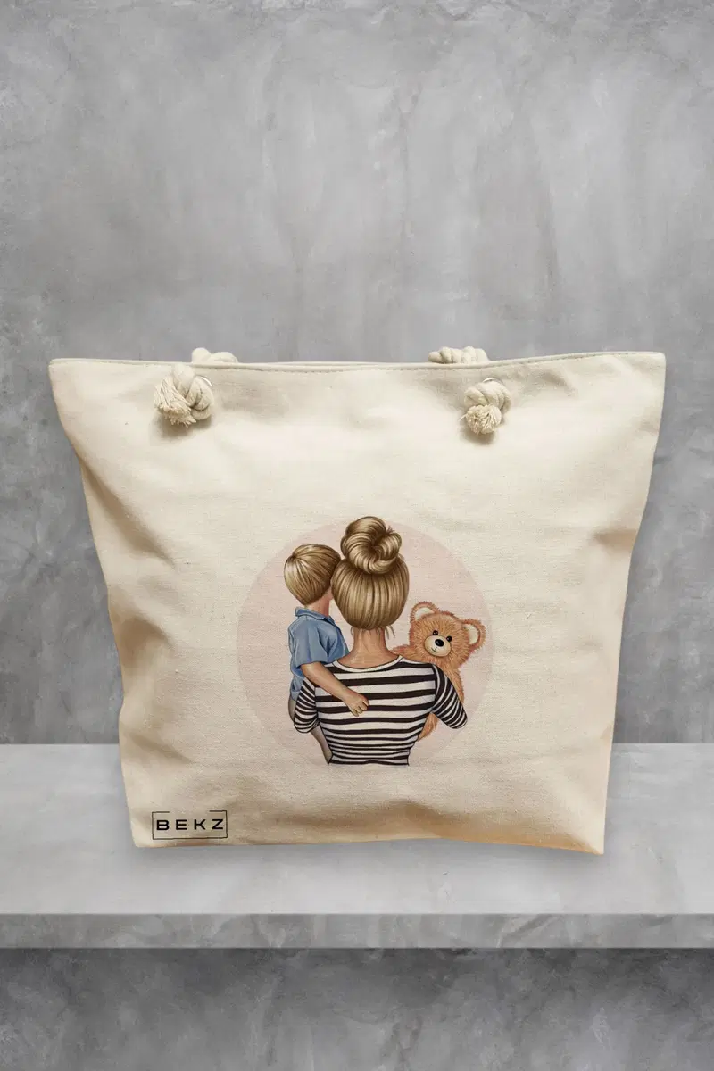 Geanta de Plaja Canvas Tote Bag pentru femei, model Mother of a prince 2, 40x51 cm, Bej, BEKZ®