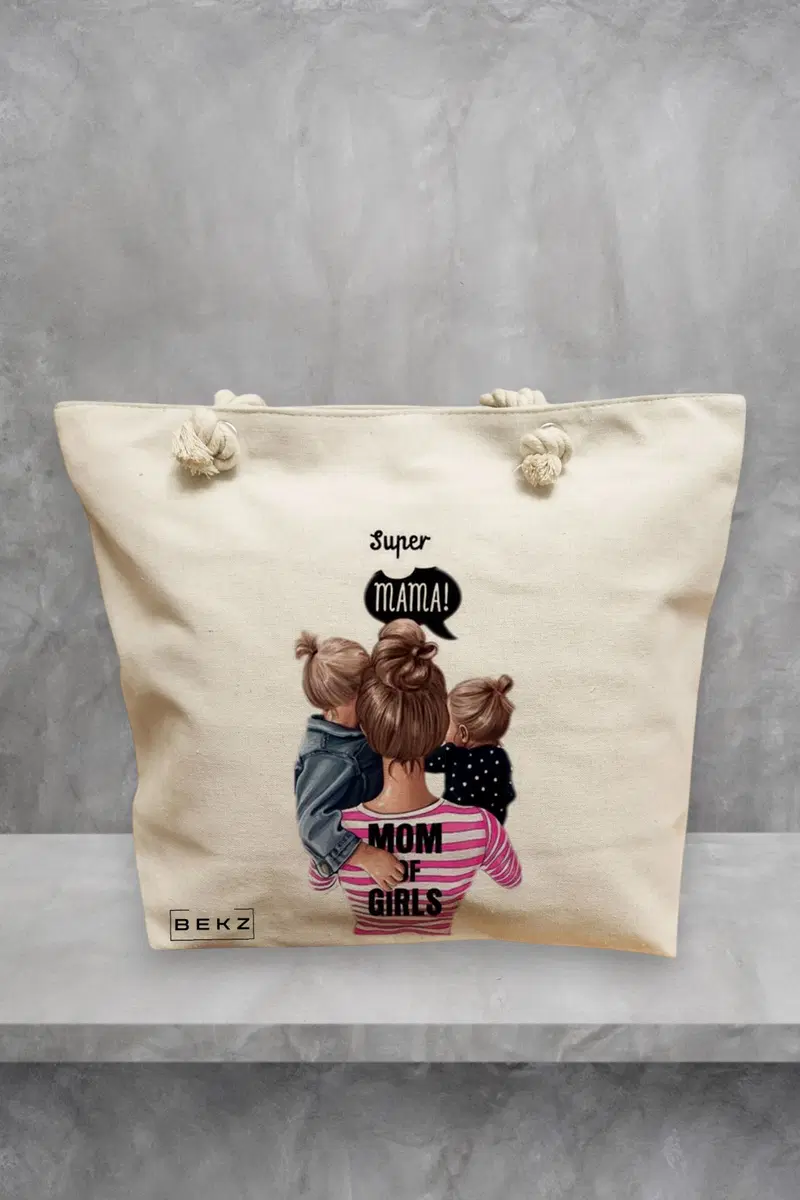 Geanta de Plaja Canvas Tote pentru femei, model Super Mama, 40x51 cm, Bej, BEKZ®