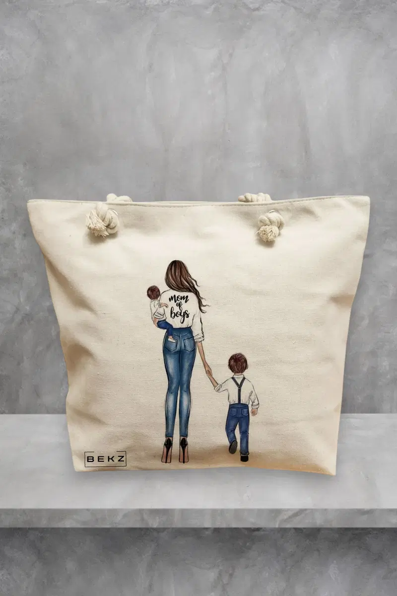 Geanta de Plaja Canvas Tote pentru femei, model Mom of Boys, 40x51 cm, Bej, BEKZ®