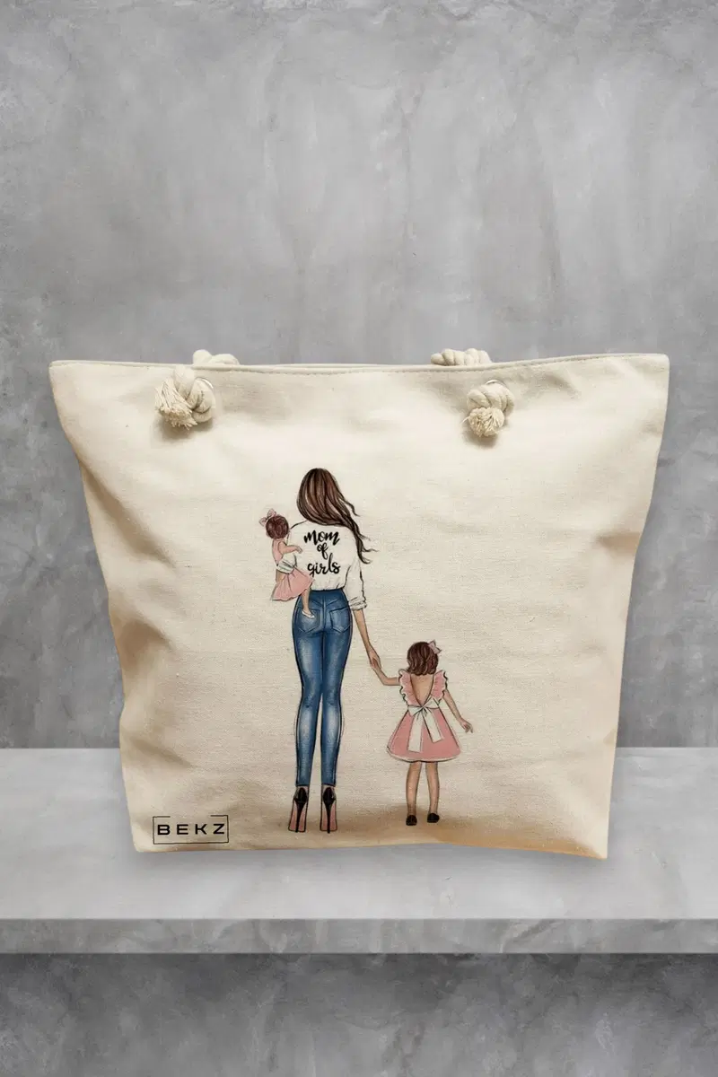 Geanta de Plaja Canvas Tote pentru femei, model Mom of Girls, 40x51 cm, Bej, BEKZ®