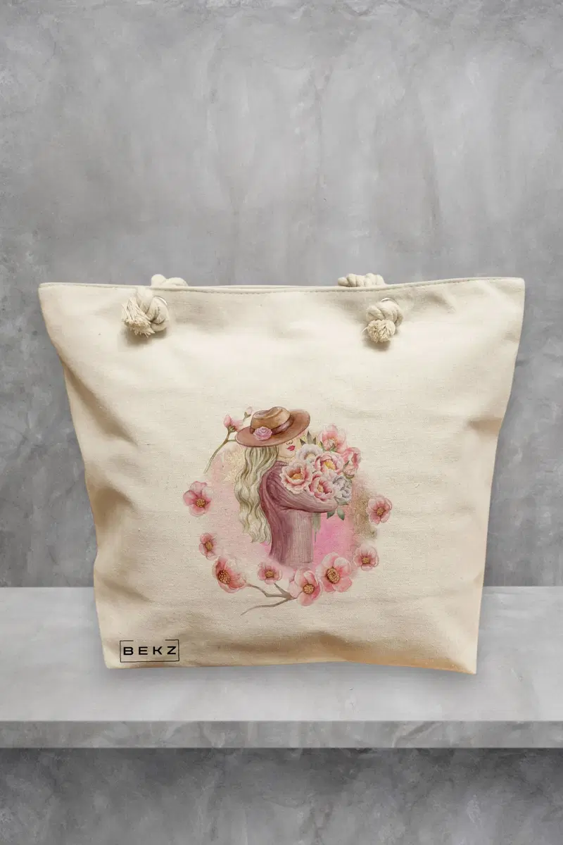 Geanta de Plaja Canvas Tote pentru femei, model Floral Romance, 40x51 cm, Bej, BEKZ®