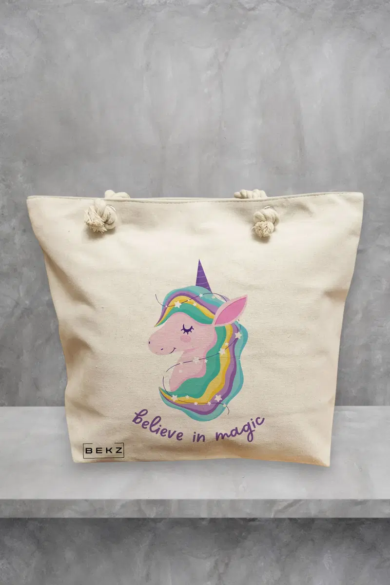 Geanta de Plaja Canvas Tote Bag pentru femei, model Believe in Magic, 40x51 cm, Bej, BEKZ®