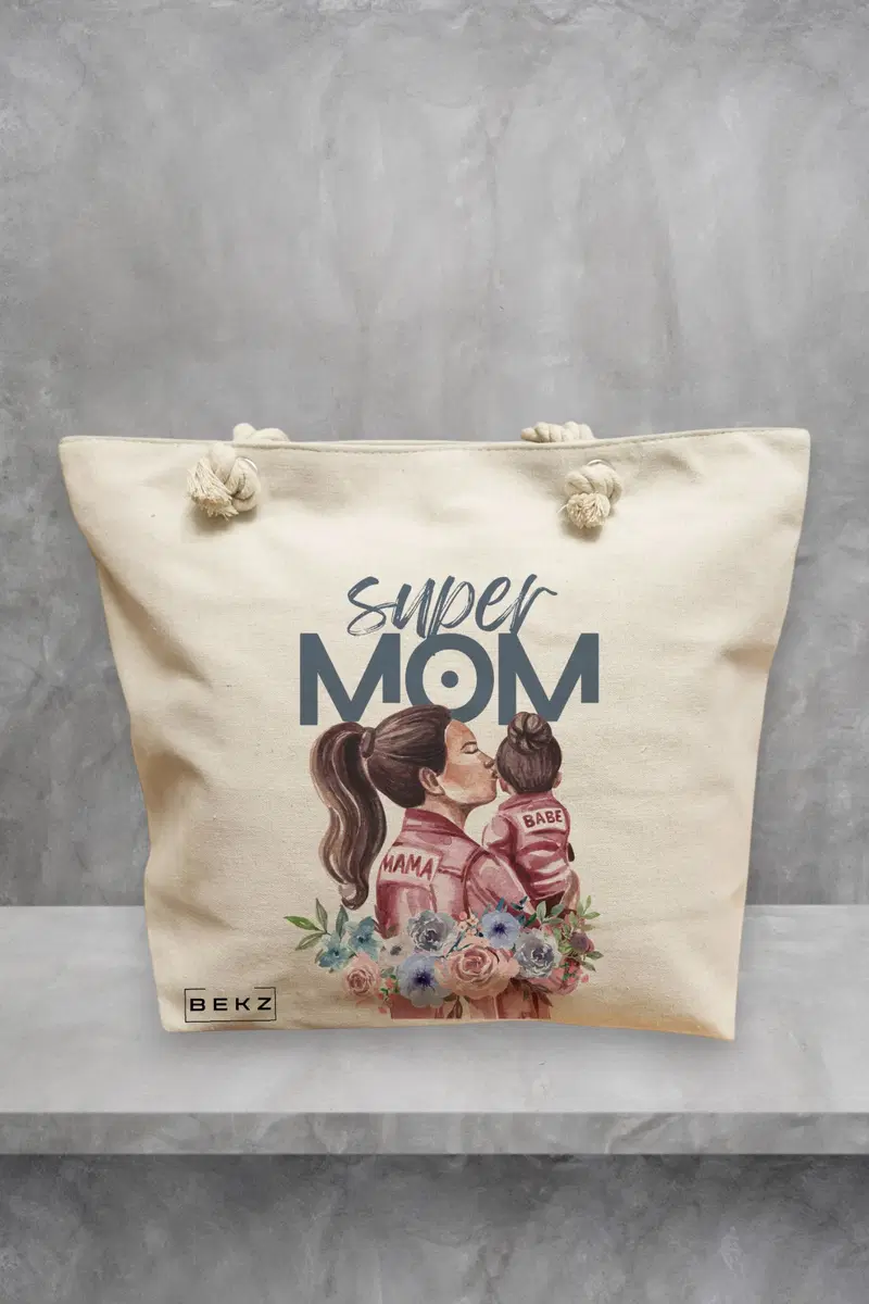 Geanta de Plaja Canvas Tote pentru femei, model Super Mom 2, 40x51 cm, Bej, BEKZ®