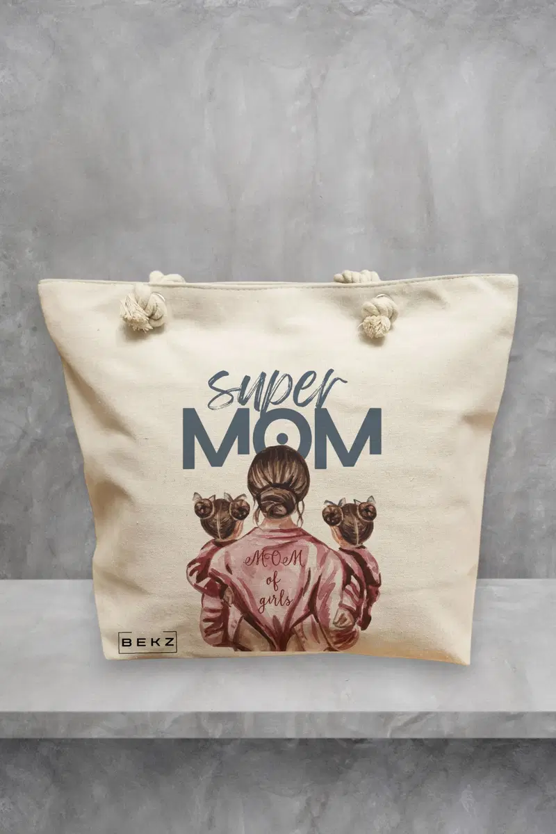 Geanta de Plaja Canvas Tote pentru femei, model Super Mom of Girls, 40x51 cm, Bej, BEKZ®